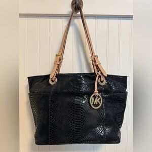 Michael Kors Tote Handbag/ Black snakeskin w/tan straps & gold accents. Size:OS